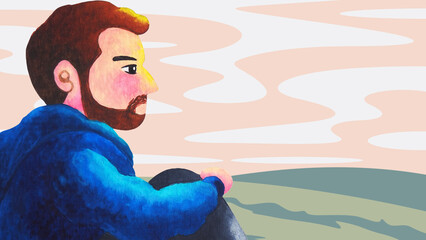 man sit hill mountain nature sky landscape meditate mind mental health healing conscious spiritual imagine positive emotion peace therapy art design illustration watercolor painting collage background