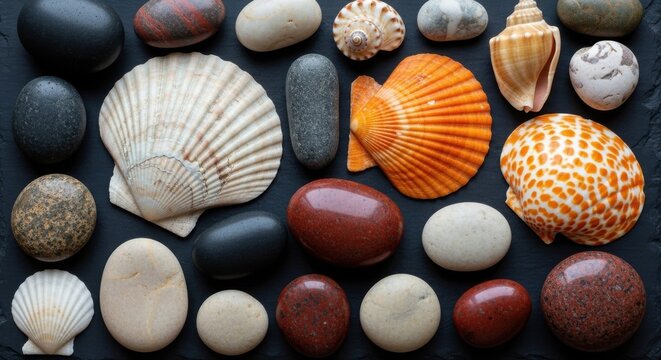 Colorful collection of seashells and pebbles arranged on a flat surface showcasing nature's beauty and diversity