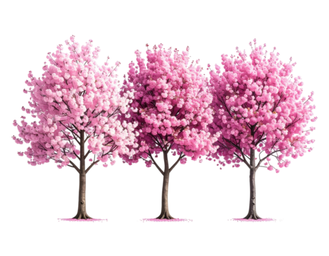 Three vibrant cherry trees in full bloom against a stark black background - Powered by Adobe