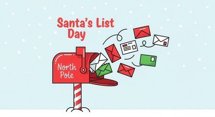 Santa's List Day holiday illustration. A red North Pole mailbox overflowing with letters and Christmas wish lists. Cute cartoon vector with copy space