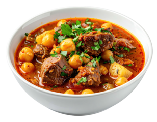 A hearty stew of meat, chickpeas, and vegetables in a white bowl, garnished with parsley