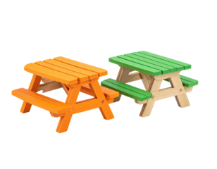 Two small, colorful wooden picnic tables, orange and green, on a black backdrop