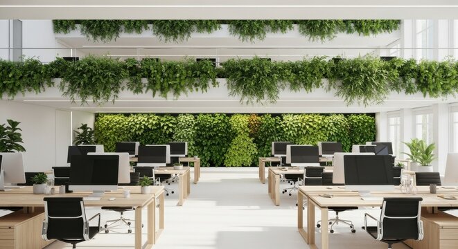 Modern office space featuring indoor plants and green decor for a fresh working environment with natural light