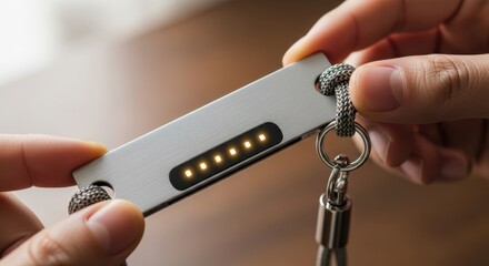 Hand holding a sleek device with indicator lights and a keychain attachment for easy carrying