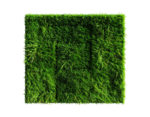 Isolated square patch of lush, vibrant green grass, set against a dark void