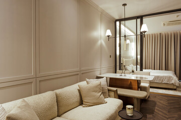 Wide angle of modern home living room and bedroom in new apartment. Luxurious stylish modern apartment open interior, stylish sofa, wardrobe, closet furniture.