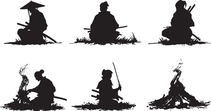 Samurai by Campfire Silhouette Scene Set