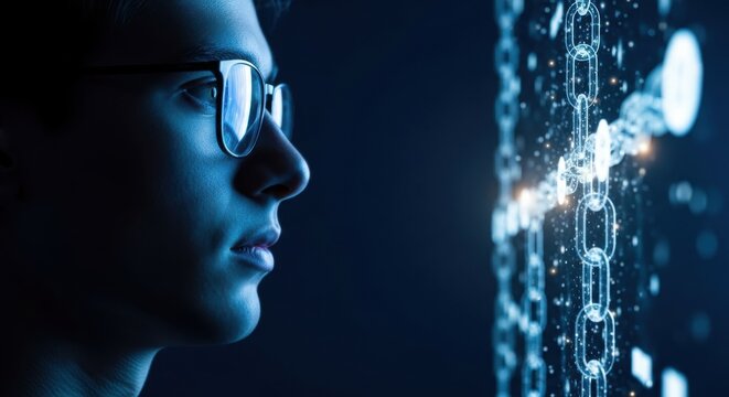 Young person engaged in digital technology exploration against a futuristic backdrop of data chains and glowing nodes