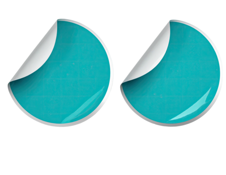 Two turquoise, textured circular stickers, one peeling at the corner