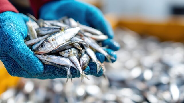 A close-up shot of a fisherman handling fresh fish in wooden crates on a boat .
