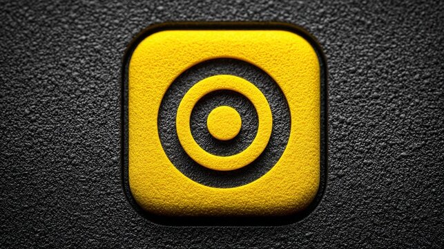 Bright yellow square button on black background serving as a visual guide for entry signals and user interaction interfaces - Powered by Adobe