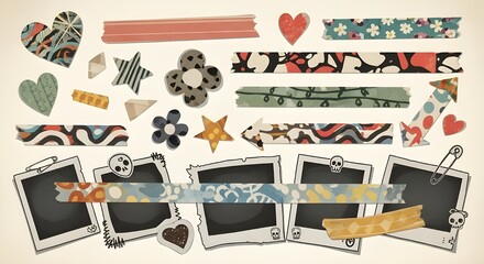 Collection of cute stationery elements with torn paper notes, washi tapes, push pins, paper clips, flowers, origami boat. Perfect for digital scrapbooking