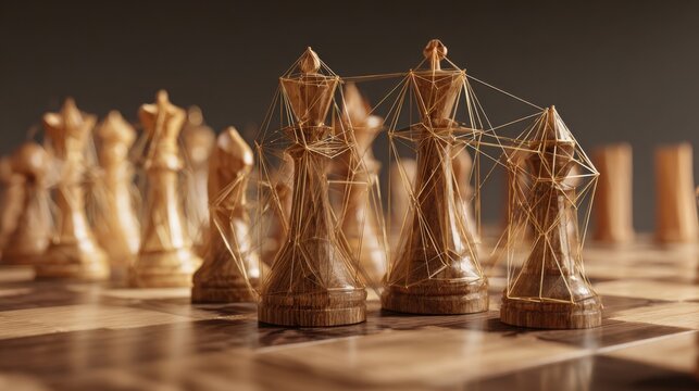 Strategically arranged wooden chess set on a classic chess board symbolizing interconnected planning and strategic mind games