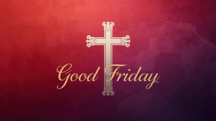 Christian cross with good friday text on a red and purple background