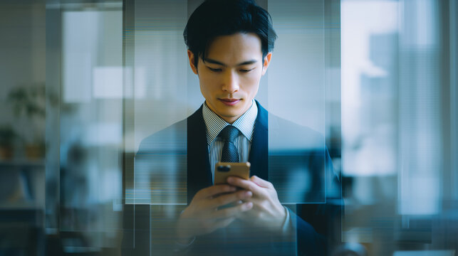 Businessman Checking Smartphone in Modern Office with Abstract Digital Layers - Powered by Adobe
