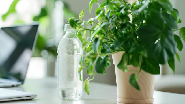 Clear water bottle on desk with laptop and potted plant