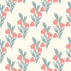 Hand painted bell-shaped flower bunches with leaves forming a diagonal floral pattern in peach, cream and green on beige background. Botanical seamless vector pattern. Great for home decor, fabric,etc