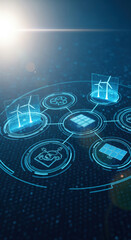 Futuristic renewable energy concept with digital wind turbine, solar panel, and electric vehicle icons, highlighting sustainable technology and eco friendly innovation