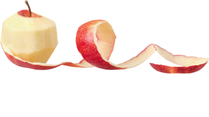 Freshly peeled apple with long spiral skin curling beside the fruit, showing preparation process and natural food concept, isolated on transparent background, PNG.