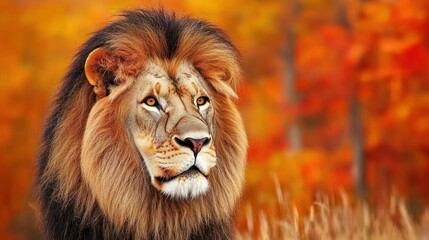 Fototapeta premium Majestic Lion A Portrait of the King in Autumn's Embrace - Golden Mane, Regal Gaze