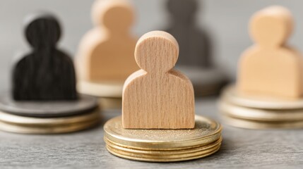 Unique wooden figure standing proudly on a coin symbolizing value and strategy in a self-organizing setting