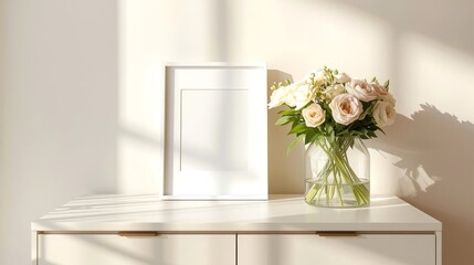 Minimalist White Photo Frame and Flower Vase on Dresser with Soft Natural Light