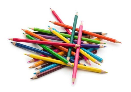 Colorful pencils scattered pile vibrant art supplies for drawing and creativity isolated on white background
