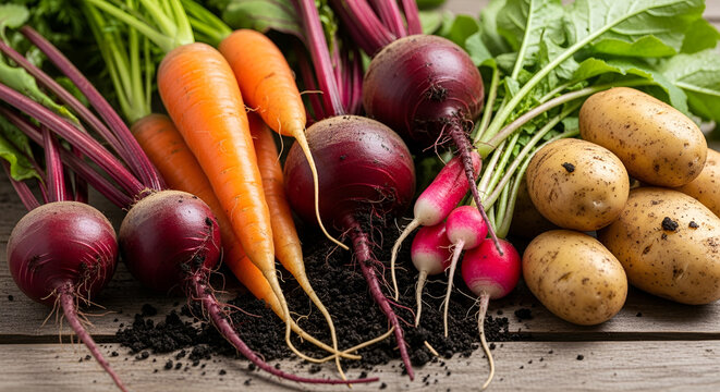 A close up view of a variety of fresh vegetables including carrots beets radishes and potatoes displayed