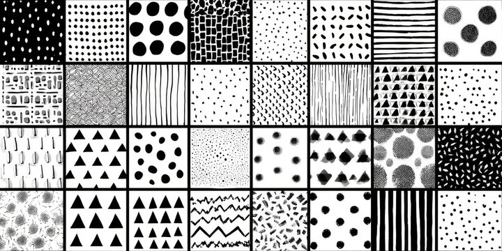 Black and white grid of hand-drawn patterns and textures