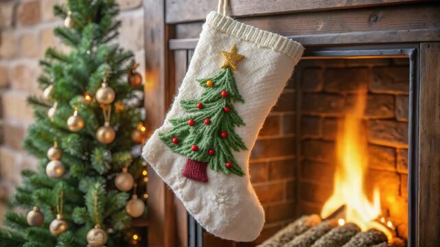 Christmas stocking with tree pattern hanging on cozy fireplace