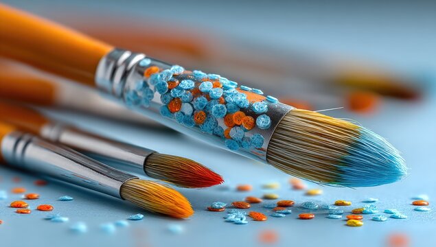 Bristled brushes with colorful paint, close-up studio shot
