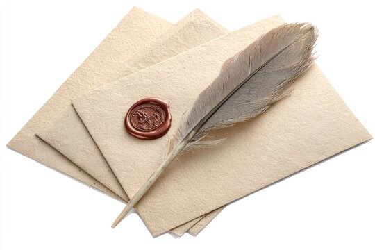 Envelopes, quill, & wax seal convey classic correspondence