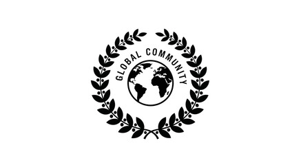 a black emblem featuring earth encircled by laurel wreaths symbolizing global community unity, isolated on white background 