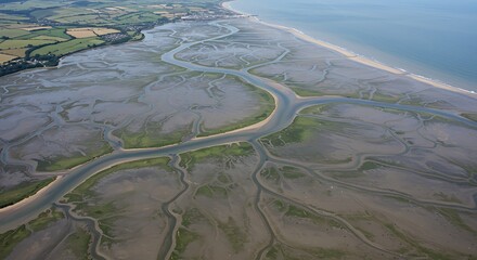 Aerial view of a coastal estuary with intricate tidal channels flowing into the ocean