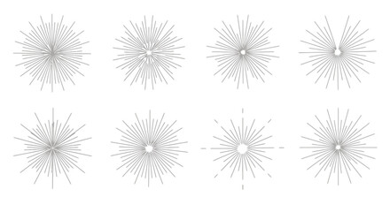 eight intricate starburst patterns arranged neatly in two rows, isolated on white background 