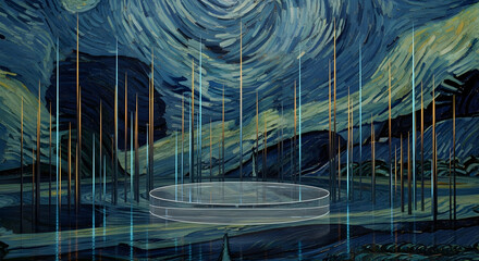 Empty Glass Podium with Blue and Orange Spotlight Background