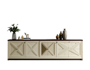 A stylish, cream-colored cabinet with wooden accents and decorative items