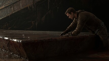 Exploring the Depths A Man's Journey in a Dark Industrial Space