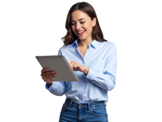 Young Business Woman Laughing at Tablet Screen, Standing Pose, Isolated on Transparent Background