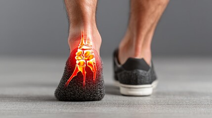 Man walking in sports shoes with highlighted inflamed ankle bones, concept of foot pain injury and medical anatomy