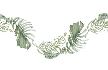 Tropical watercolor seamless border with elegant palm fronds and exotic foliage in muted greens hand painted. Palm leaves repeat for textiles, packaging. Green botanical edge isolated.