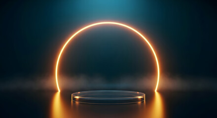 Empty Glass Podium with Blue and Orange Spotlight Background