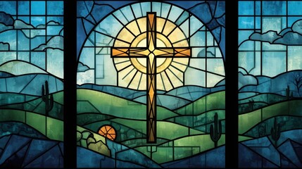 Stained glass window depicting a cross with sunburst and rolling hills landscape