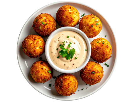 Fried, golden-brown balls of food encircling a bowl of dip on a white plate