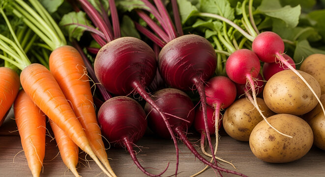A close up shot of fresh carrots beets radishes and potatoes on a wooden surface with green tops