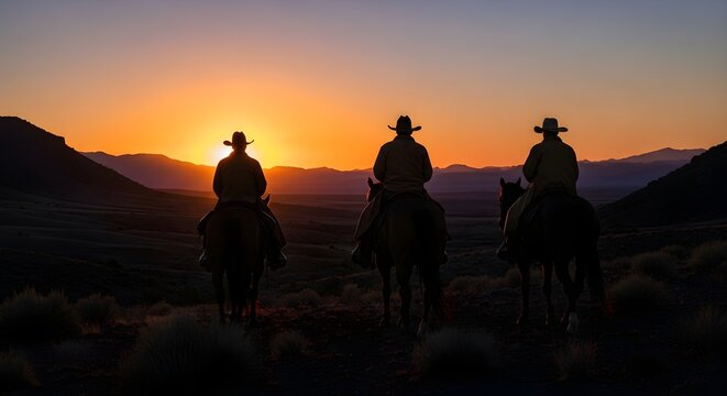Silhouettes of cowboys riding horses against sunset