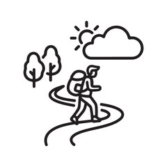 Outdoor walking line icon, hiker with backpack on a countryside path, nature travel vector.
