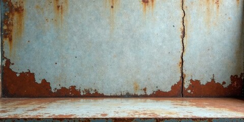 Rustic Metal Background with Weathered Surface and a Cracked Panel Featuring a Display Shelf