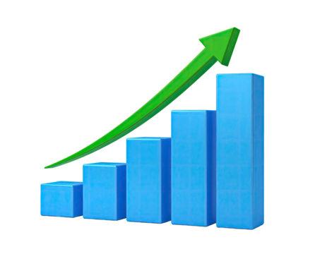 Blue bar graph with increasing heights overlaid by a green upward arrow
