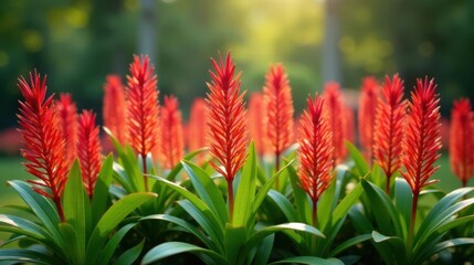 Vibrant Red Tropical Flowers Basking in Golden Sunlight, a Lush Garden Scene of Exotic Blooms